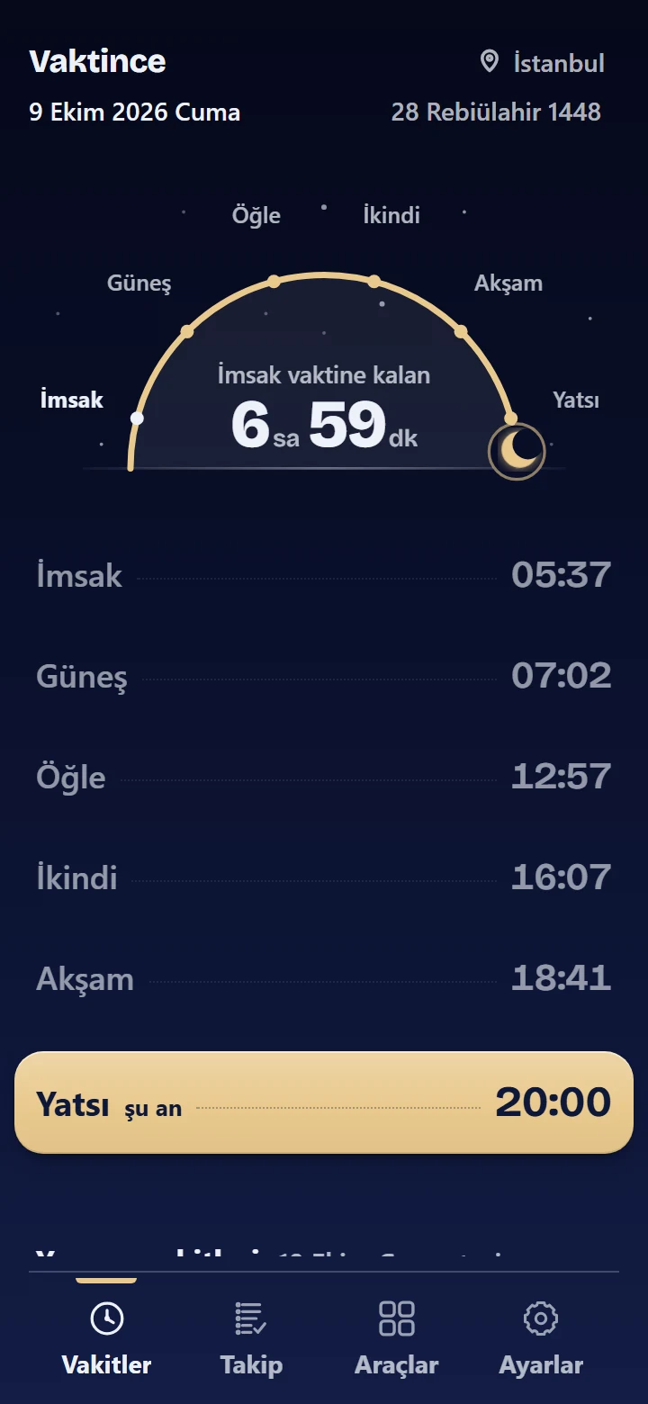 Vakitler ekranı, gece: koyu zemin, yayın sonunda hilal, İmsak vaktine kalan süre